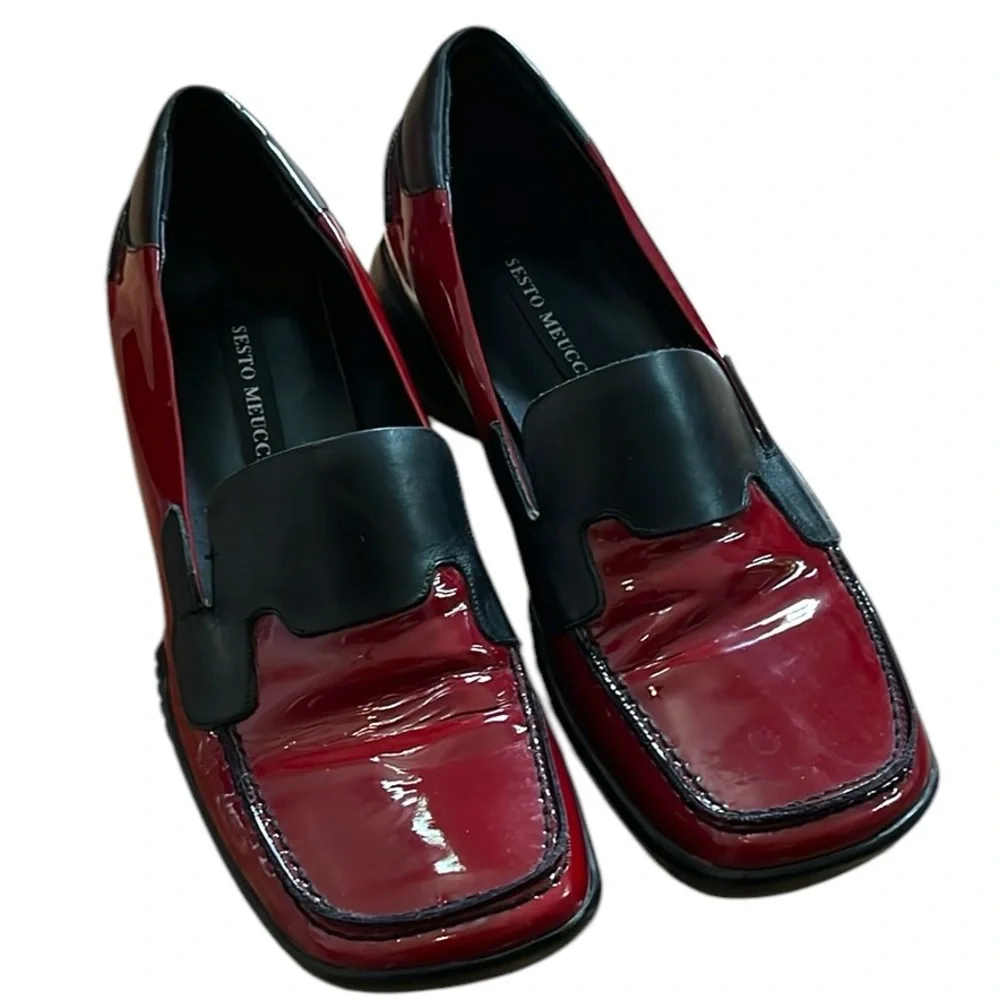 SESTO MEUCCI PATENT LEATHER LOAFERS RED BLACK SIZE 7.5M MADE IN ITALY